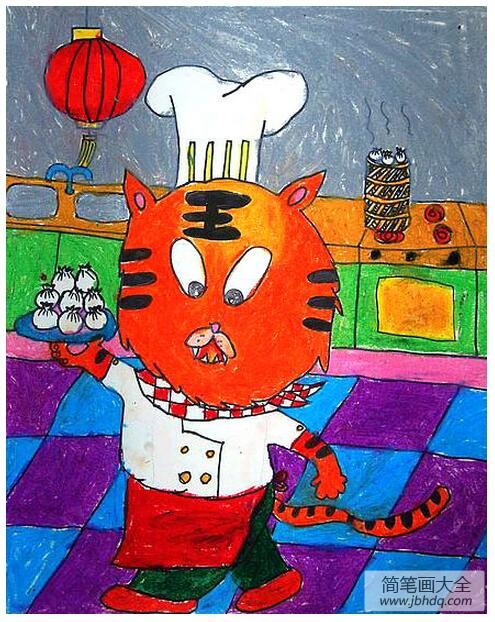 小老虎大厨拟人动物绘画作品展示