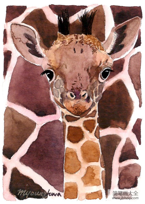 长颈鹿的肖像画国外动物水彩画作品赏析