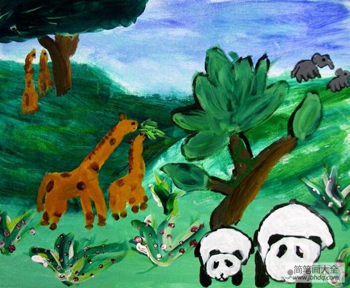 大熊猫和长颈鹿森林动物油画作品赏析