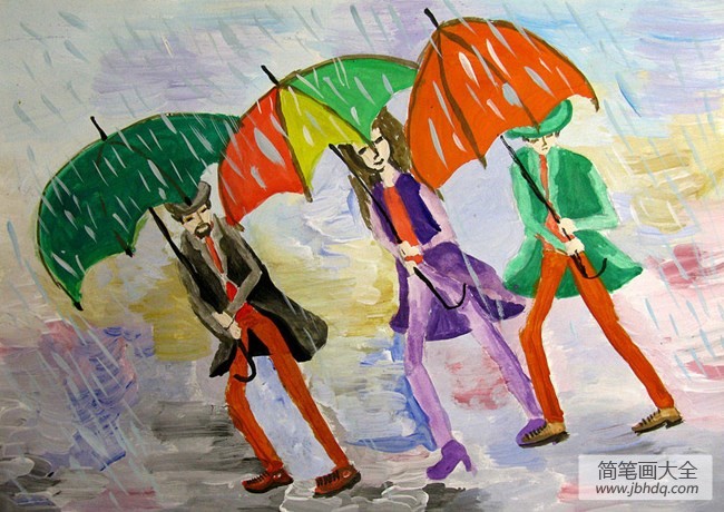 冒雨前行下雨打伞儿童画作品分享