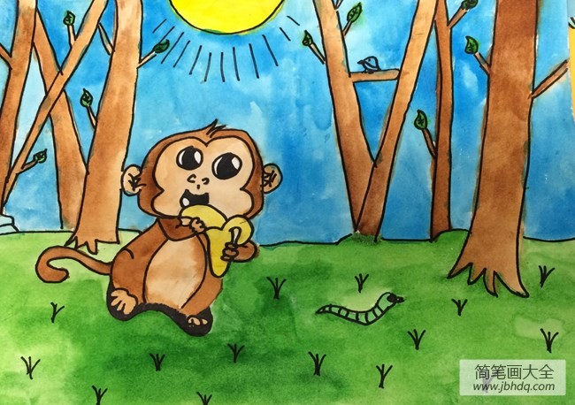 猴子摘香蕉儿童画图片