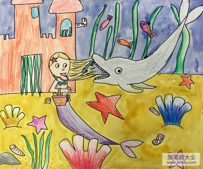 美人鱼和小海豚海底世界场景画图片分享