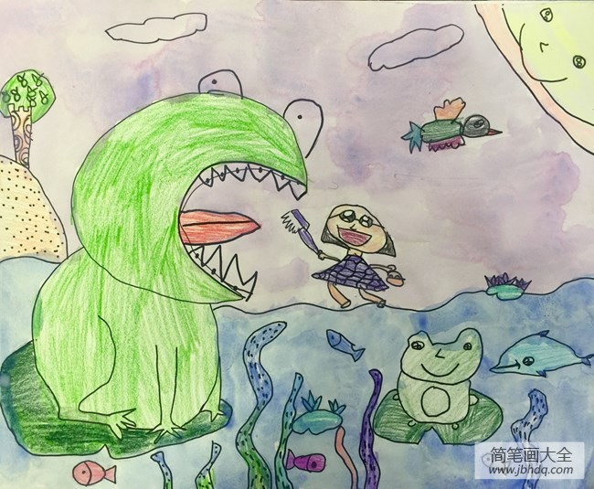 给大青蛙刷牙有趣的夏天绘画图片欣赏