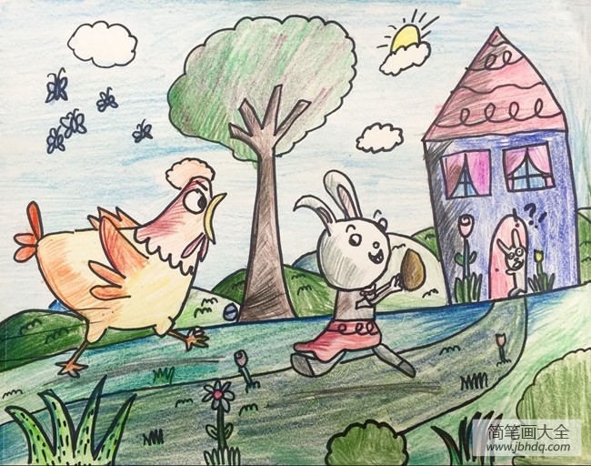 母鸡妈妈和小兔子动物画画图片分享