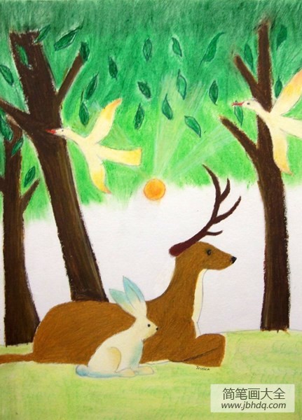 梅花鹿和小兔子动物画画图片欣赏