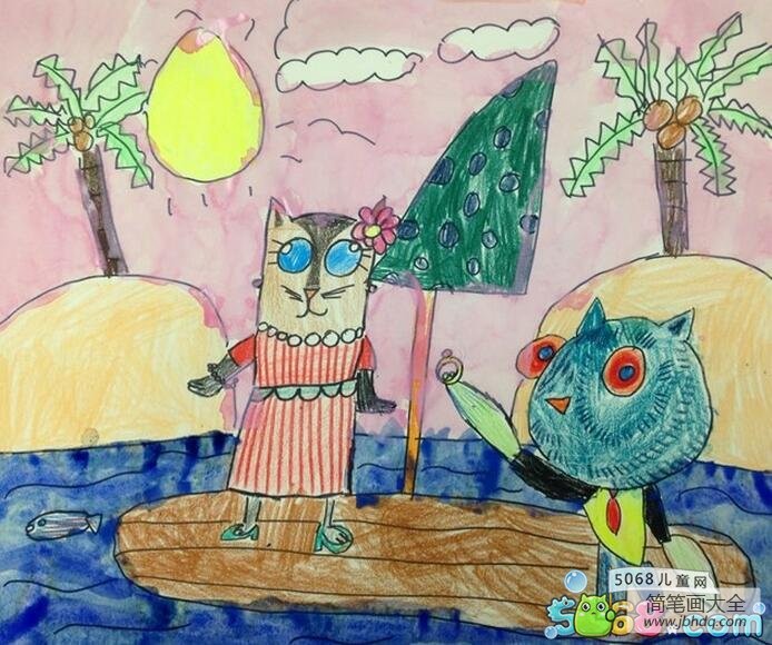 猫头鹰度假海边夏天绘画图片展示