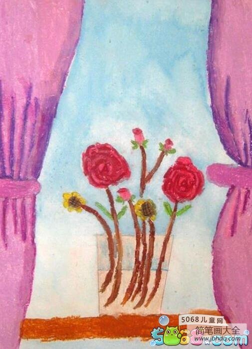 窗台上的玫瑰花简单的花绘画图片展示