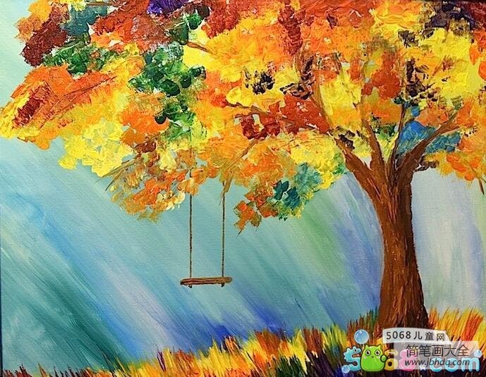 金色的大树秋天油画作品分享