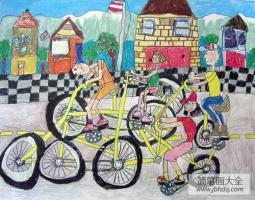 国外优秀儿童画-比赛骑单车