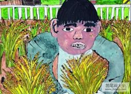 最新国外儿童画作品-我们一起割稻子