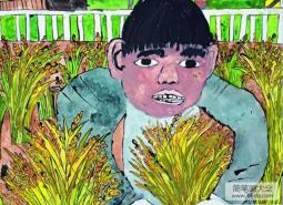国外获奖儿童画作品-收割稻子