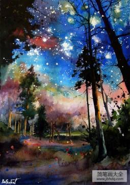 灿烂的夜空水彩画图片大全在线欣赏
