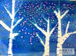 雪夜的白桦林冬天的景色儿童画图片欣赏