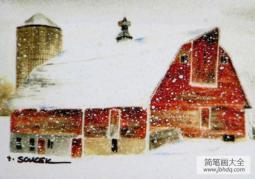 雪中的红房子冬天图画怎么画案例在线看