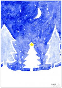 冬天的景色儿童画图片-雪夜下的森林