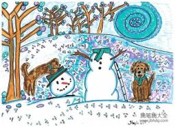 狗狗堆雪人冬天儿童画作品在线欣赏