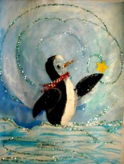 摘星星的企鹅儿童画作品在线欣赏