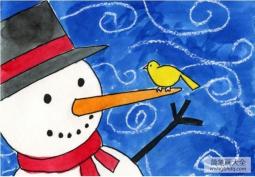 冬天画画比赛得奖的图片-雪人和小鸟