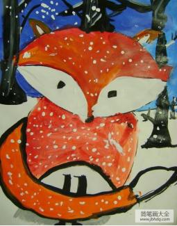 雪中的红狐可爱动物油画作品欣赏
