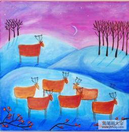 月光下的麋鹿冬天的景色画油画作品