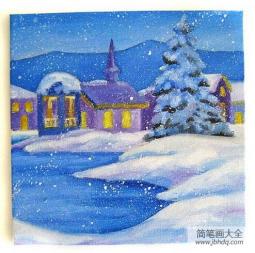 下雪的夜晚儿童画冬天的一幅画图片