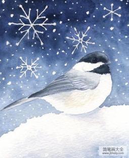 雪地里的小鸟冬天水彩画作品欣赏