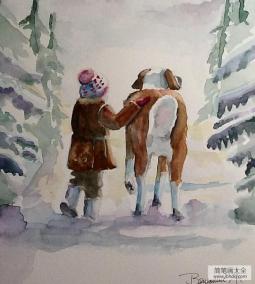 女孩和小狗国外冬天风景水彩画欣赏