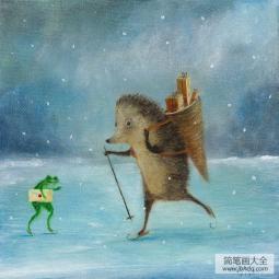 刺猬和青蛙冬天雪景油画作品分享