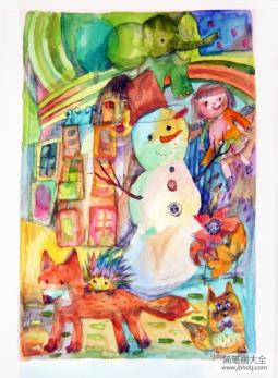 雪人的五彩梦创意儿童水彩画欣赏