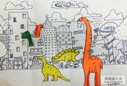 城市里的恐龙线描画作品欣赏