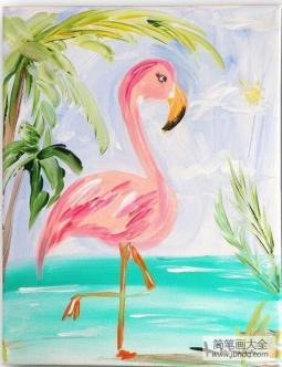 海岛上的火烈鸟油画动物装饰画欣赏