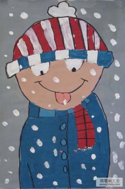 雪中的小男孩外国小学生冬天主题画欣赏