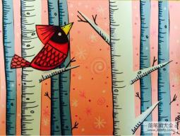 赏雪的红鸟国外水彩画作品在线看