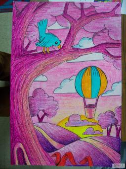 小鸟与热气球国外蜡笔画作品在线看