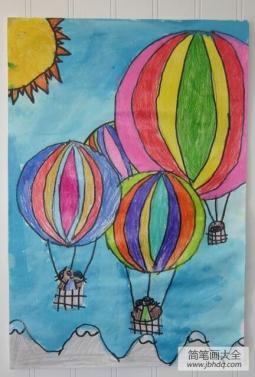 外国小朋友天空绘画作品之热气球飞啦