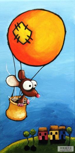 坐在热气球上的老鼠创意油画作品欣赏