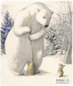 卡通冬天雪景画作品之扫地的北极熊
