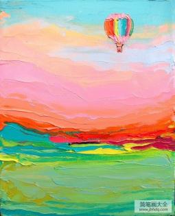 天空中的热气球简单的风景油画作品分享