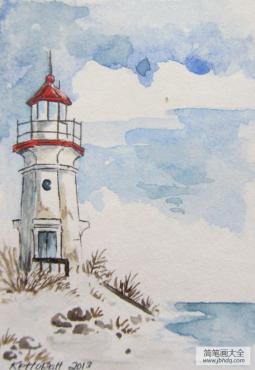 大西洋上的灯塔风景水彩画作品分享