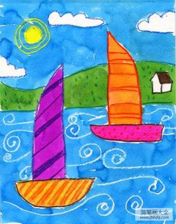 湖面上的小帆船国外小朋友水彩画作品欣赏