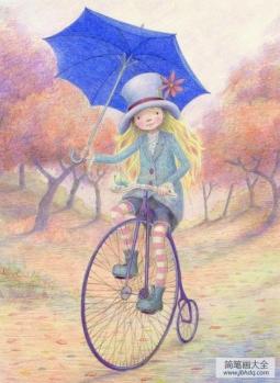 骑行车的小女孩国外彩铅画作品欣赏