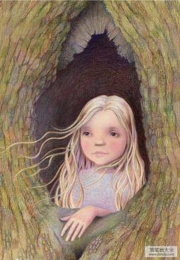 人物彩铅画之树洞中的外国小女孩