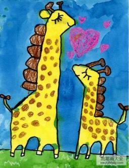 长颈鹿母子俩可爱动物画作品欣赏