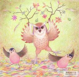 猫头鹰跳舞有趣的动物彩铅画作品欣赏