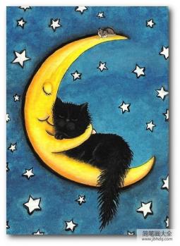 幸福的月亮，郁闷的黑猫绘画欣赏