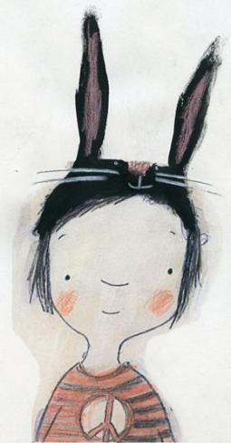 带着兔子帽的小女孩国外水彩画分享