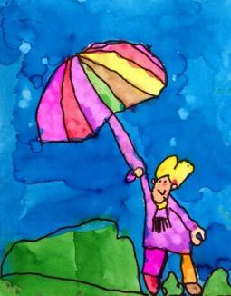 彩虹伞下的小女孩外国小学生创意画作品欣赏
