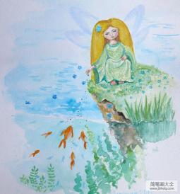 小仙女喂鱼装饰水彩画图片分享