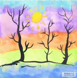 6岁小朋友风景画作品之太阳和枯树