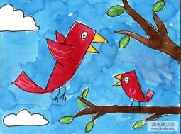 国外动物主题画作品之树上的小红鸟